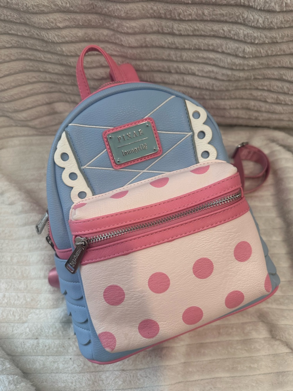 Pixar Loungefly Kids Pink & Blue Polka Dot Mini Backpack little Bo beep